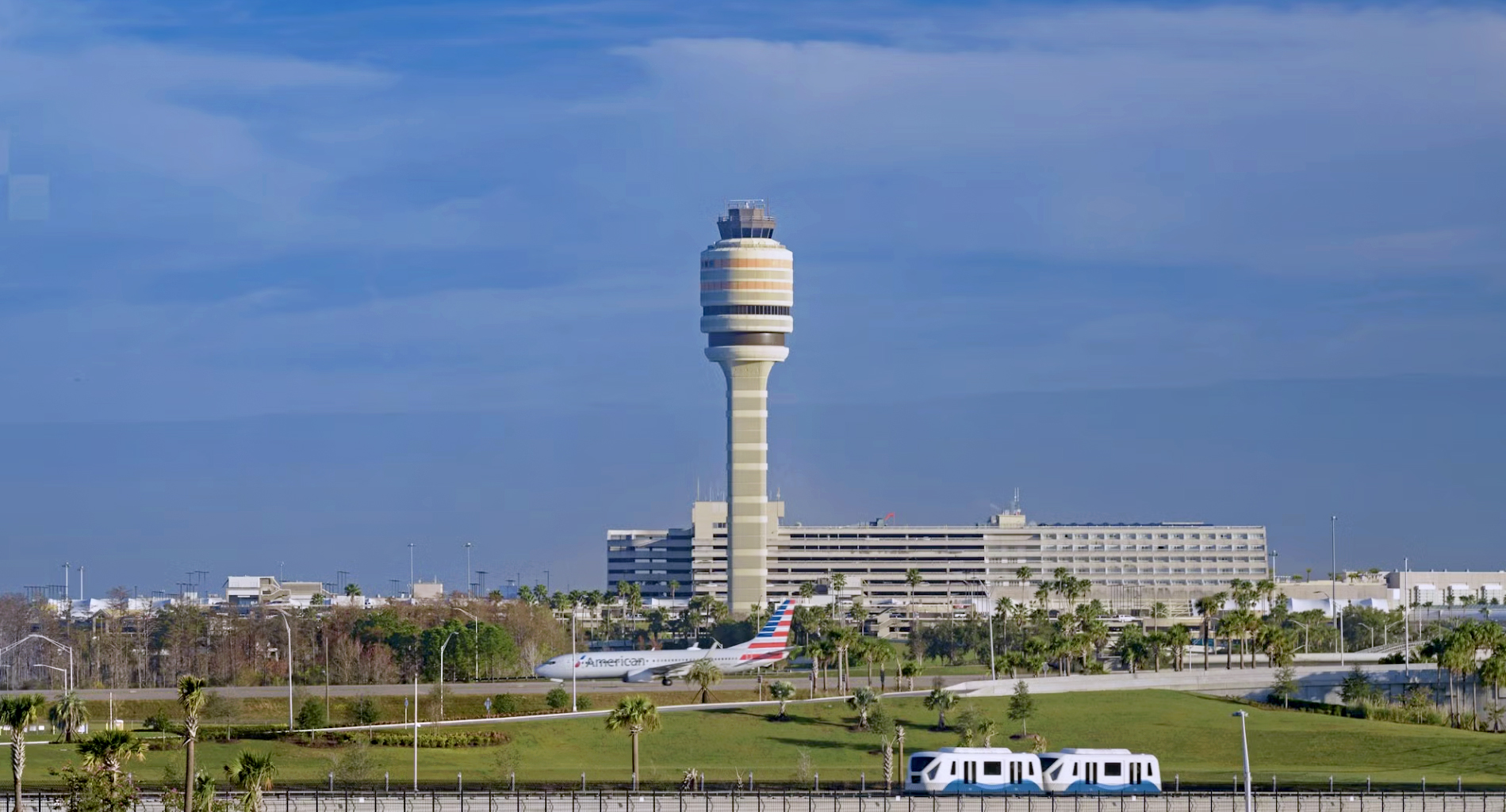 The control tower and people mover at Orlando International Airport.